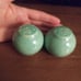 Vintage Mcm Set Of Round Pottery Glazed Blue/Green Teal Speckled Salt & Pepper