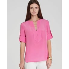 BCBGMAXAZRIA Emmalise Berry Blush Roll Tab Sleeve Silk Blouse