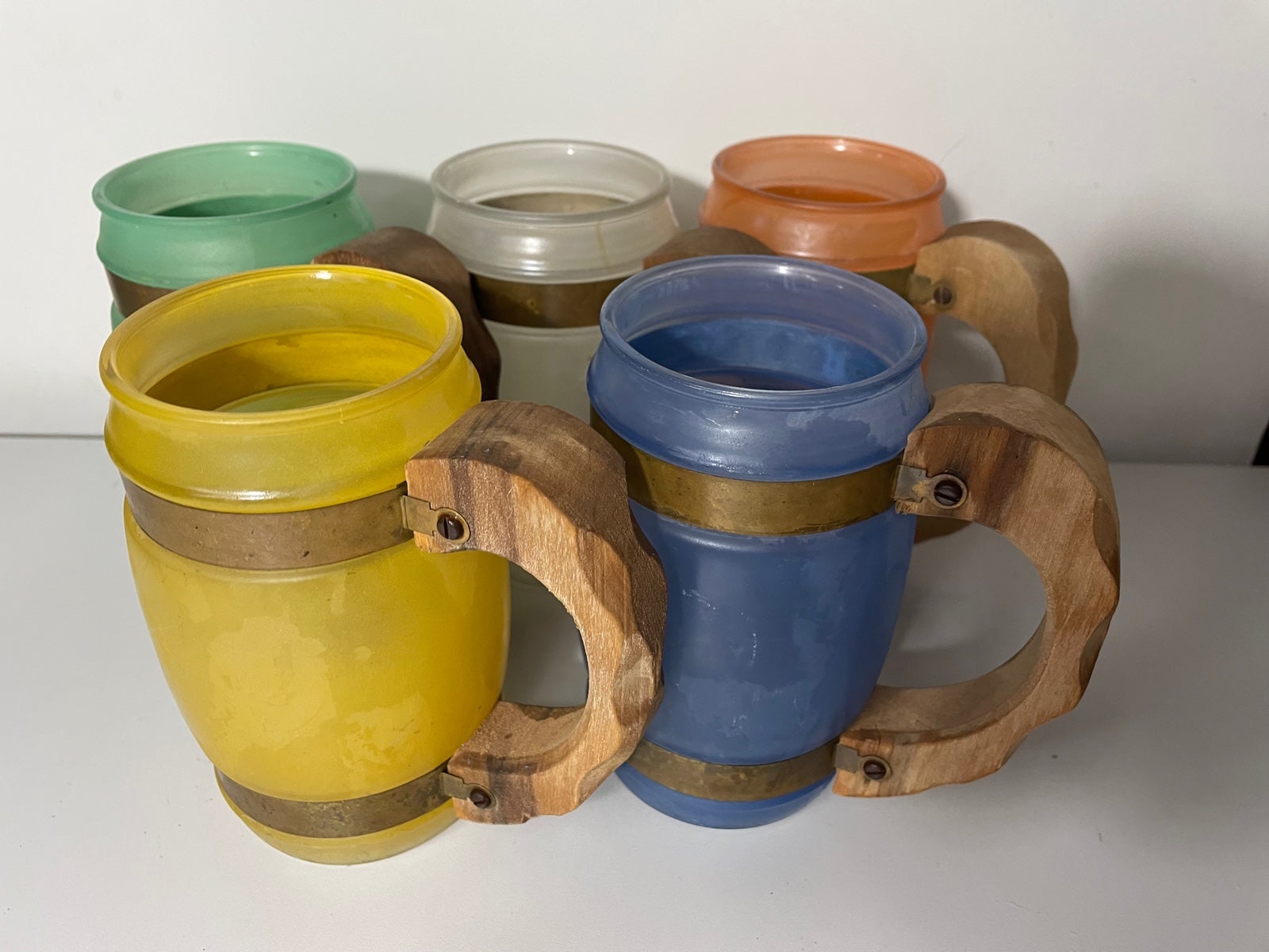 Vintage Siesta Ware, ( not Fiesta) Colorful barrel mugs with wooden handles