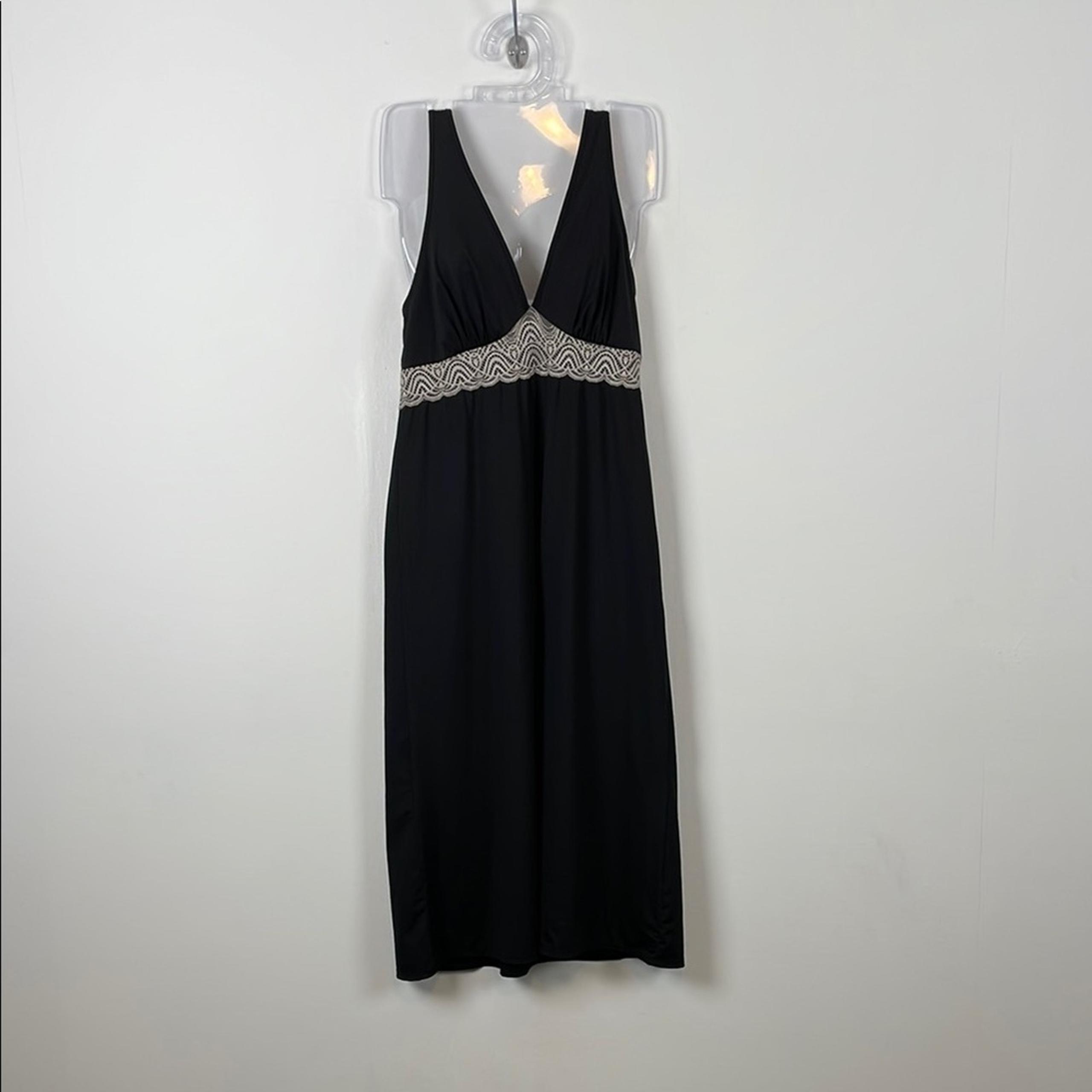 Natori Deep V Neck Lace Trim Elegant Black Women's S Sleeveless Silky Nightgown