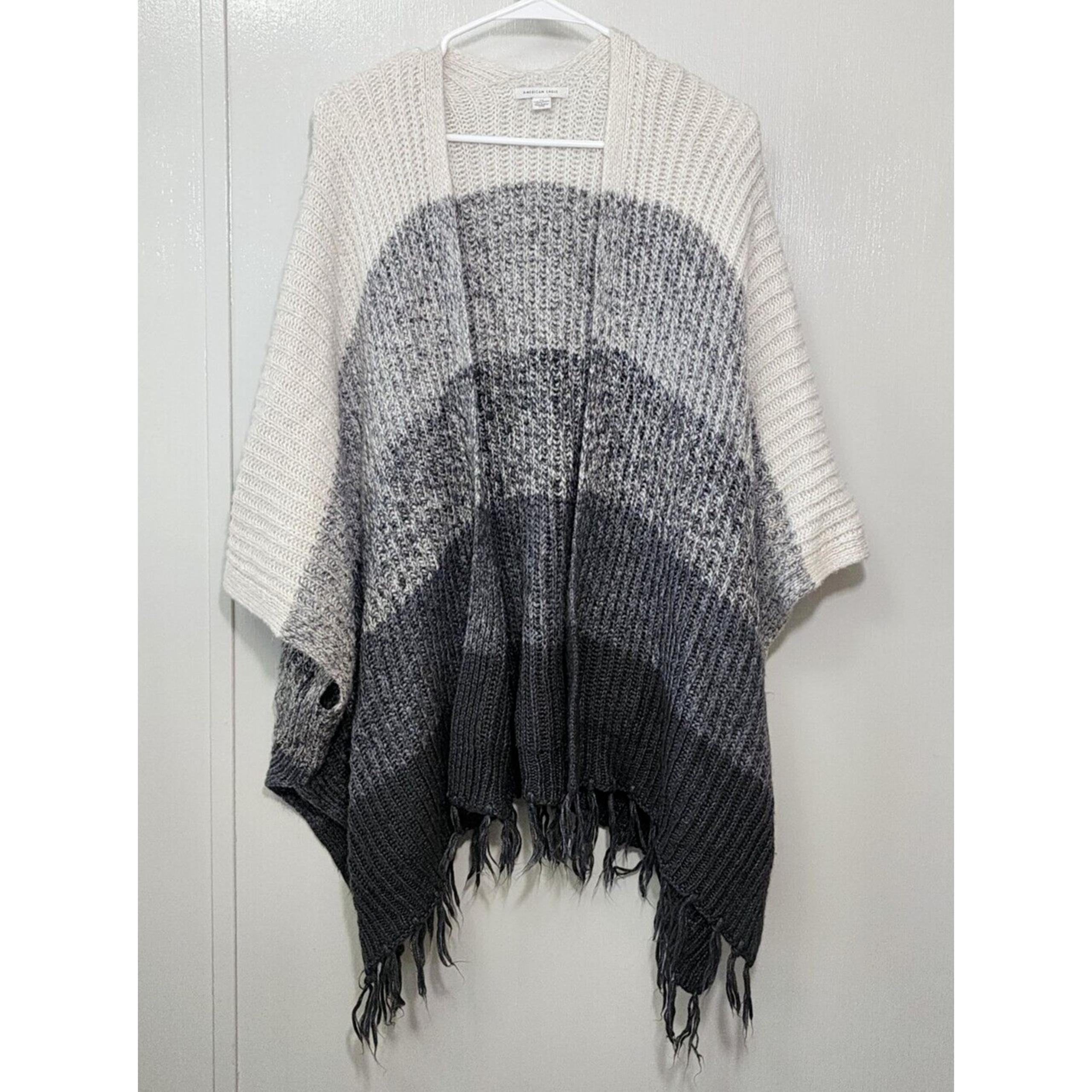 American Eagle Gray White Poncho Sweater Wrap Cardigan Womens One Size Knit