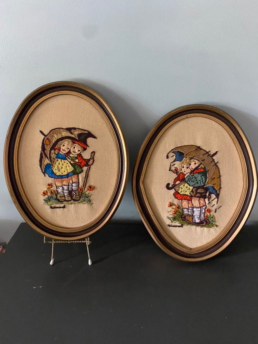 Set of two Hummel Vintage Stitchery Needlepoint Oval Framed Wall Hangings