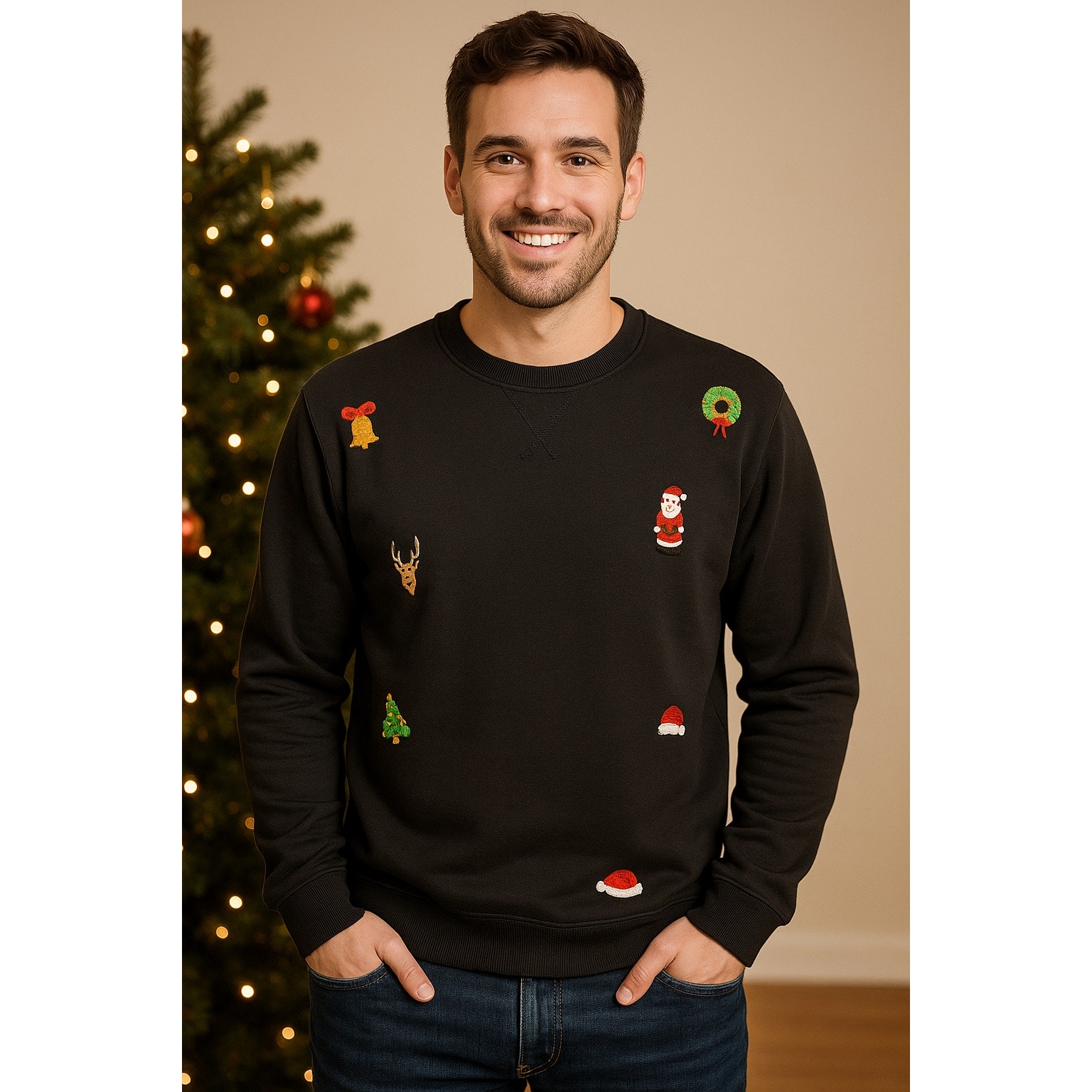 Opposuits Men’s Festive Black Sweatshirt – Embroidered Christmas Icons