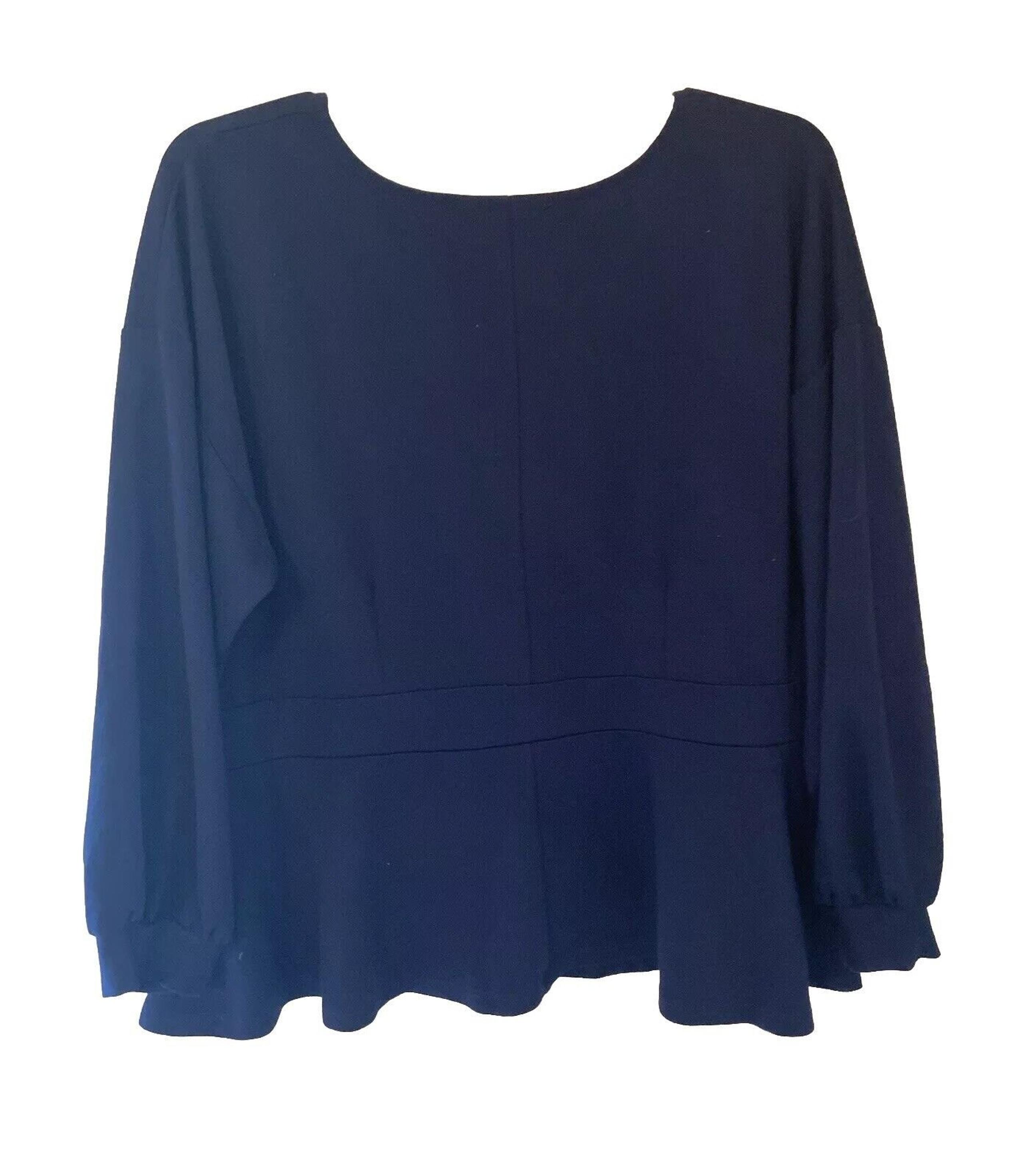 ELOQUII Blouse Women’s Size 24 Navy Blue Long Sleeve Peplum 3X Top