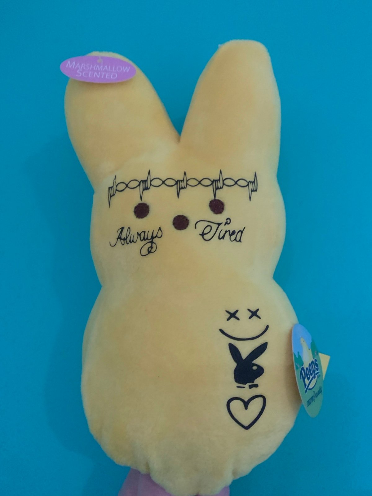 9” yellow Peep Malone Post Malone plush tatted bunny