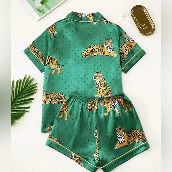 Animal Print Satin Pajama Set Green New SZ M