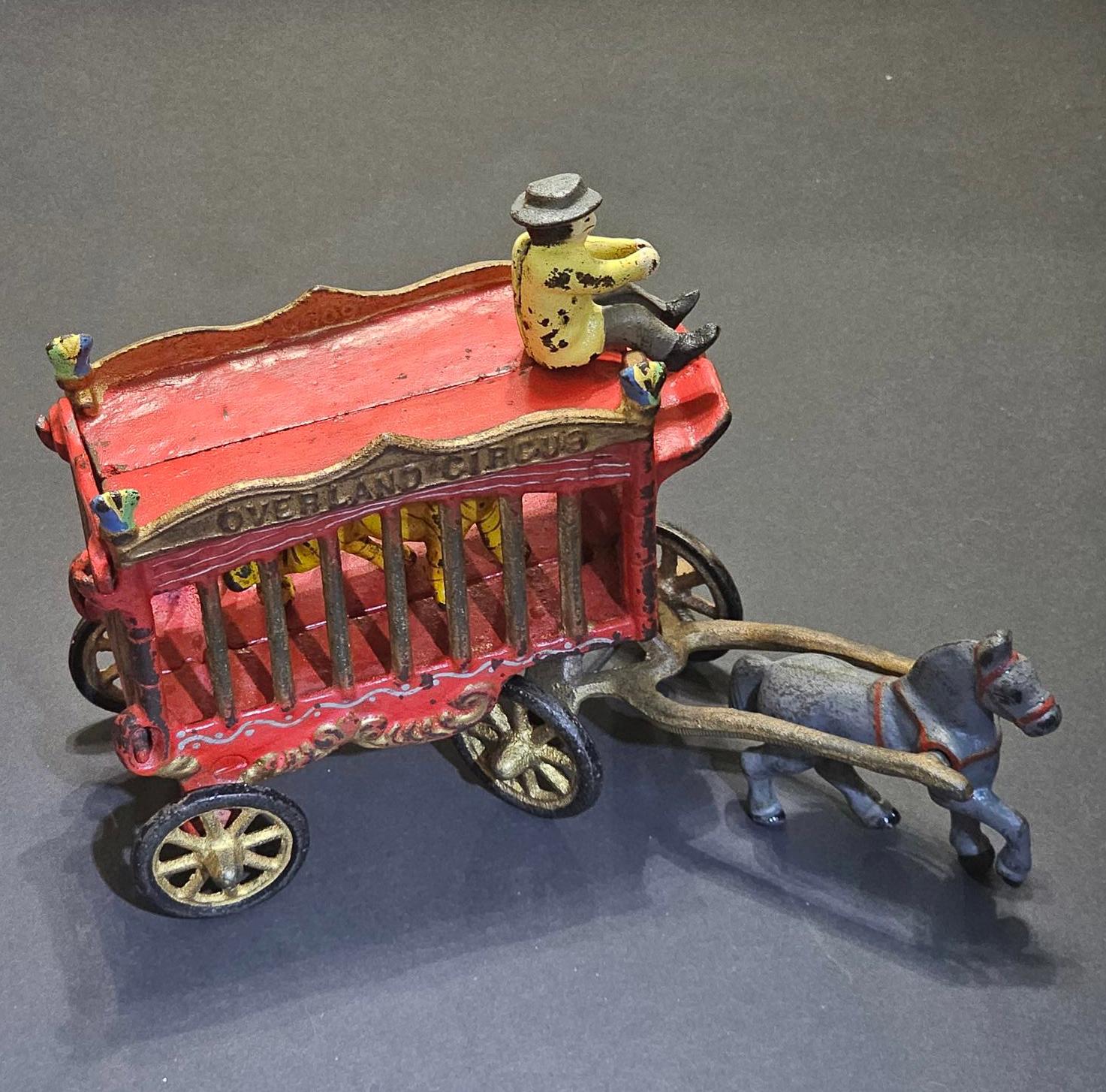 Overland Circus Horse Drawn Wagon with Driver & Tiger Vintage 1940 Cast Iron Toy