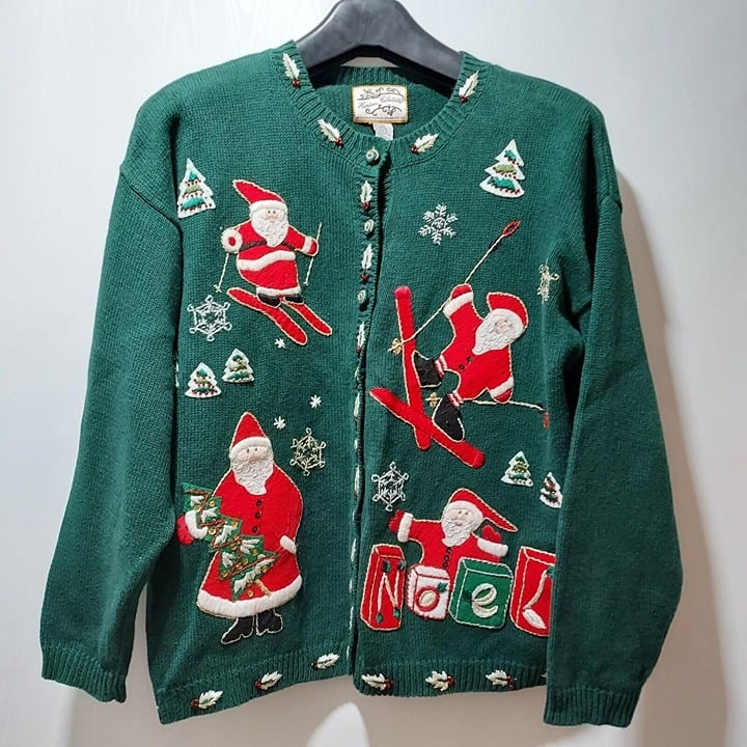 VTG Christmas Sweater Heirloom Collectibles Size XL Green Santa Claus Cardigan
