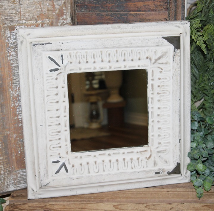 Ornate Distressed White Farmhouse Metal Tile Wall Decor Mirror
