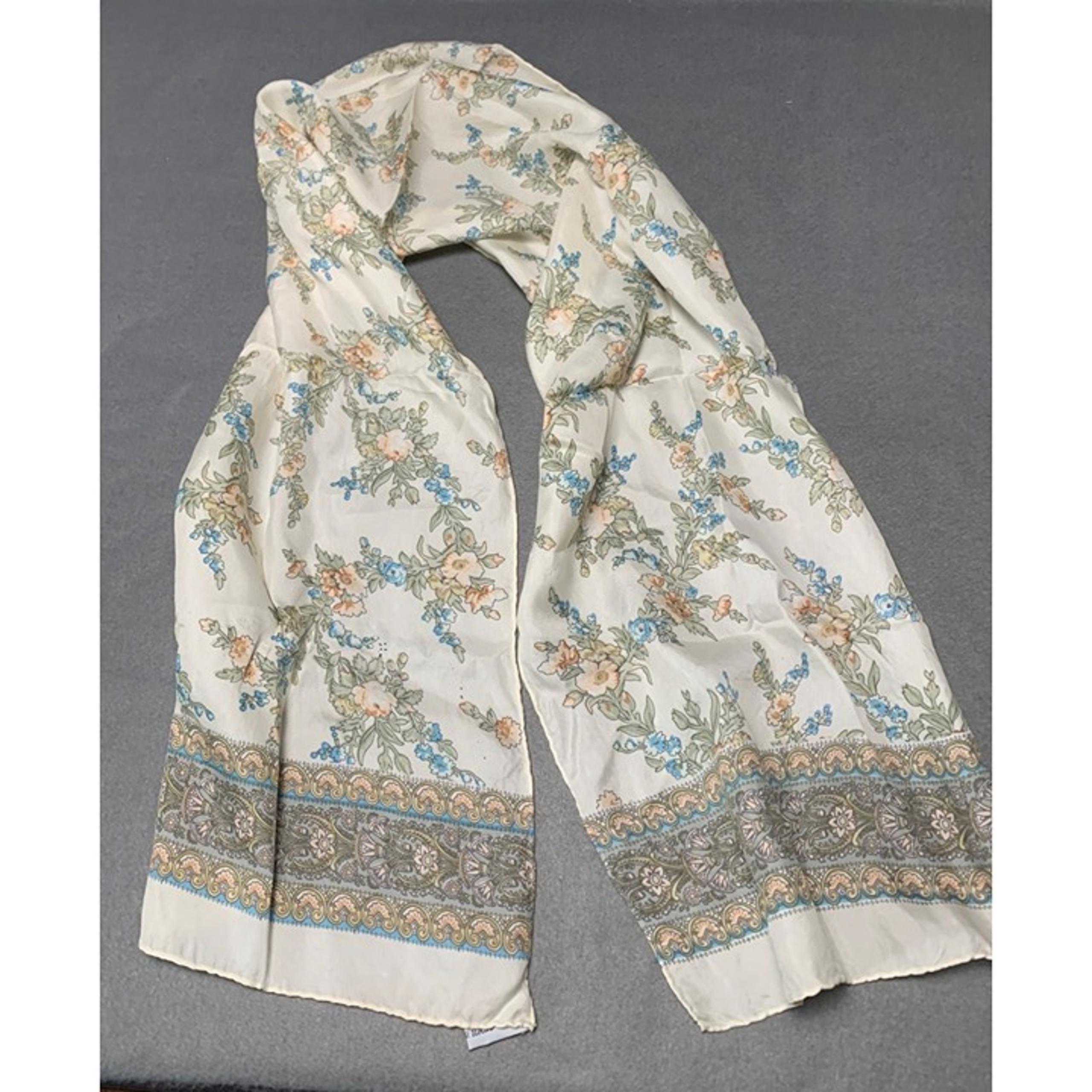 Vintage Floral Paisley Silk Scarf with Blue & Beige Flowers 11" x 50"
