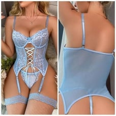 ️ NEW 4pack Lace Up Front Contrast Mesh Lace Garter Underwire Lingerie Set