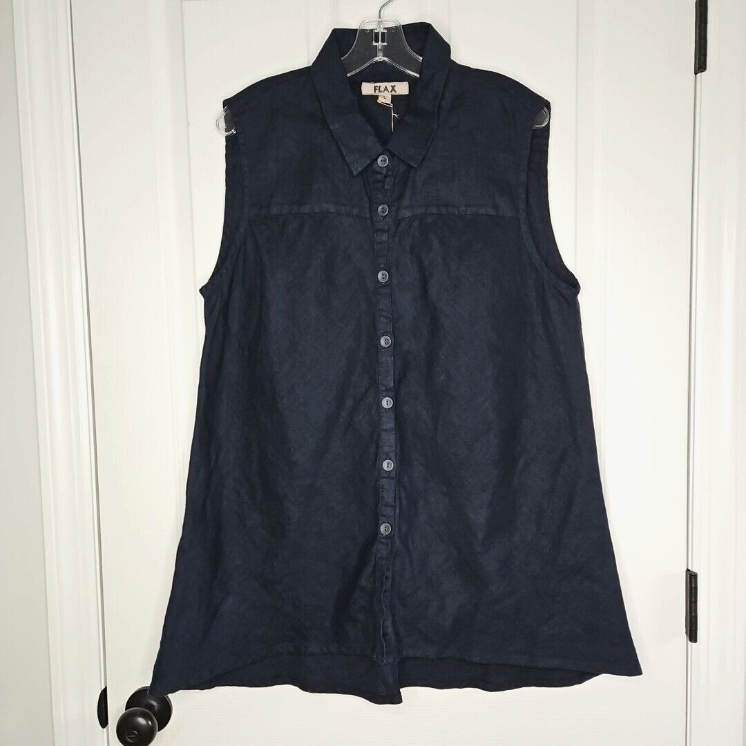 Flax Skyline Linen Sleeveless Blouse L Button Front Collar Midnight Navy New