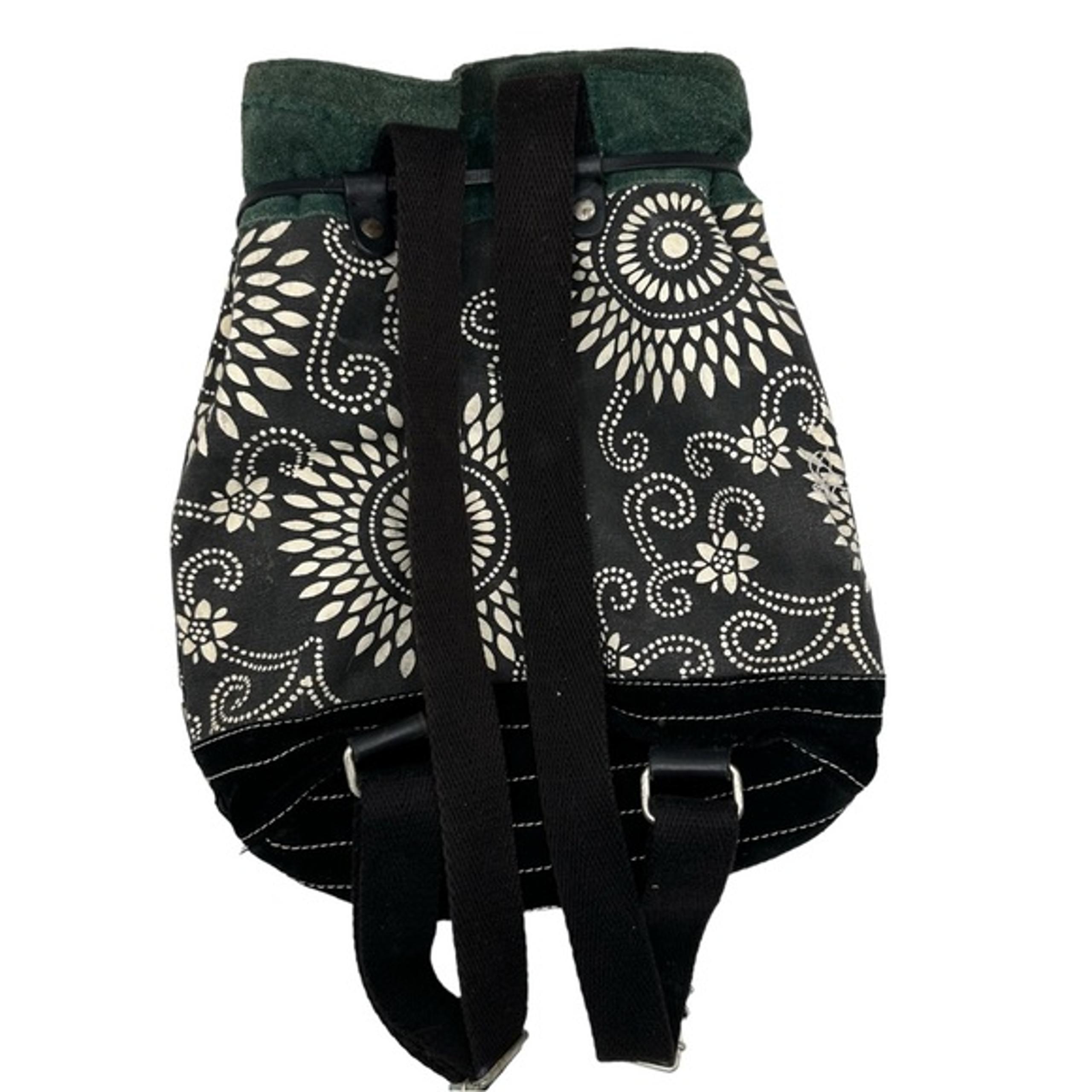 Lucky Brand Leather Suede Black Boho Bohemian Floral Drawstring Backpack