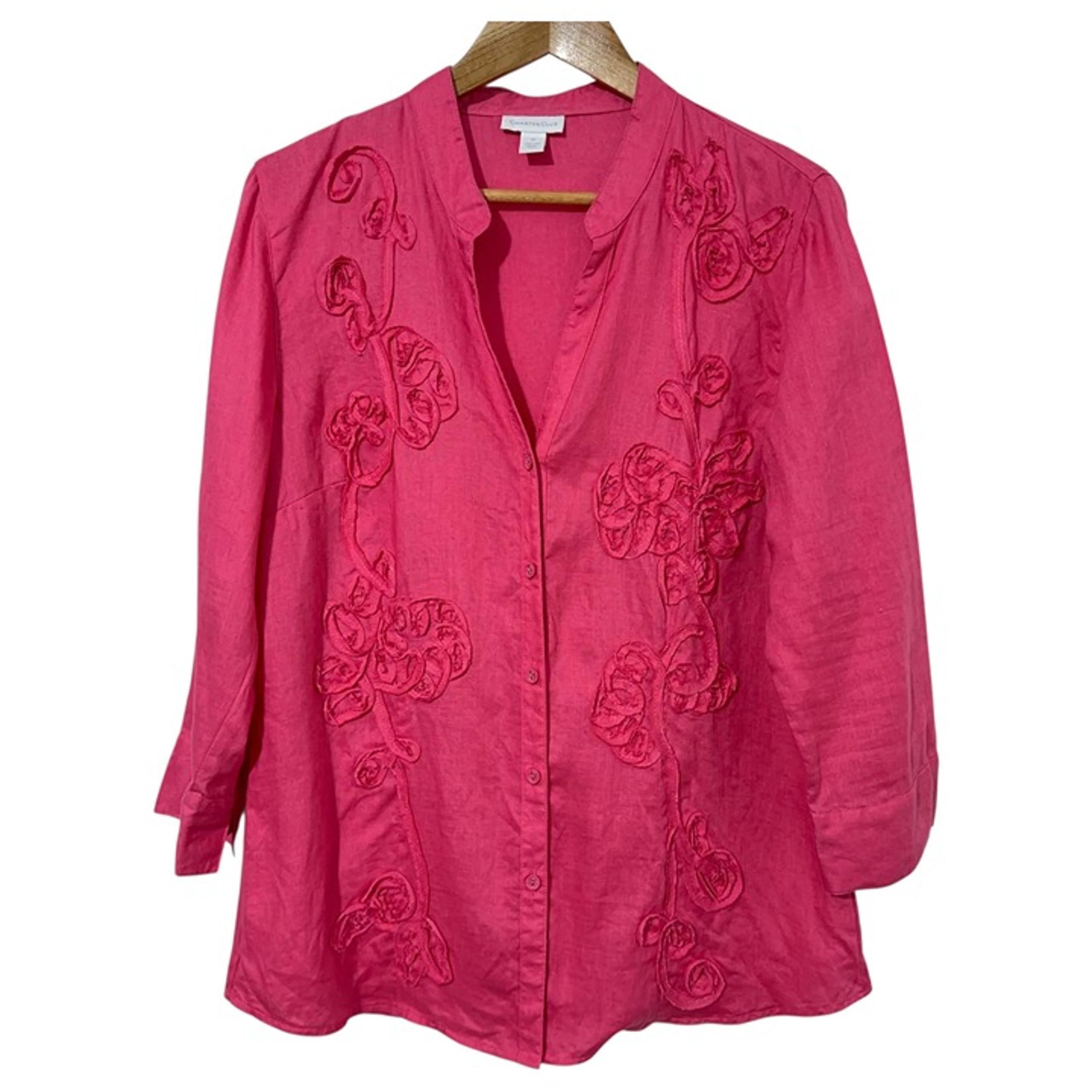 Charter Club Women Linen Shirt Size 12 Button Down Floral Applique Spring Casual