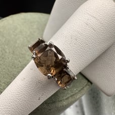 Vintage Sterling Smokey Quartz 3 stone prong set gemstone Sparkle promise ring