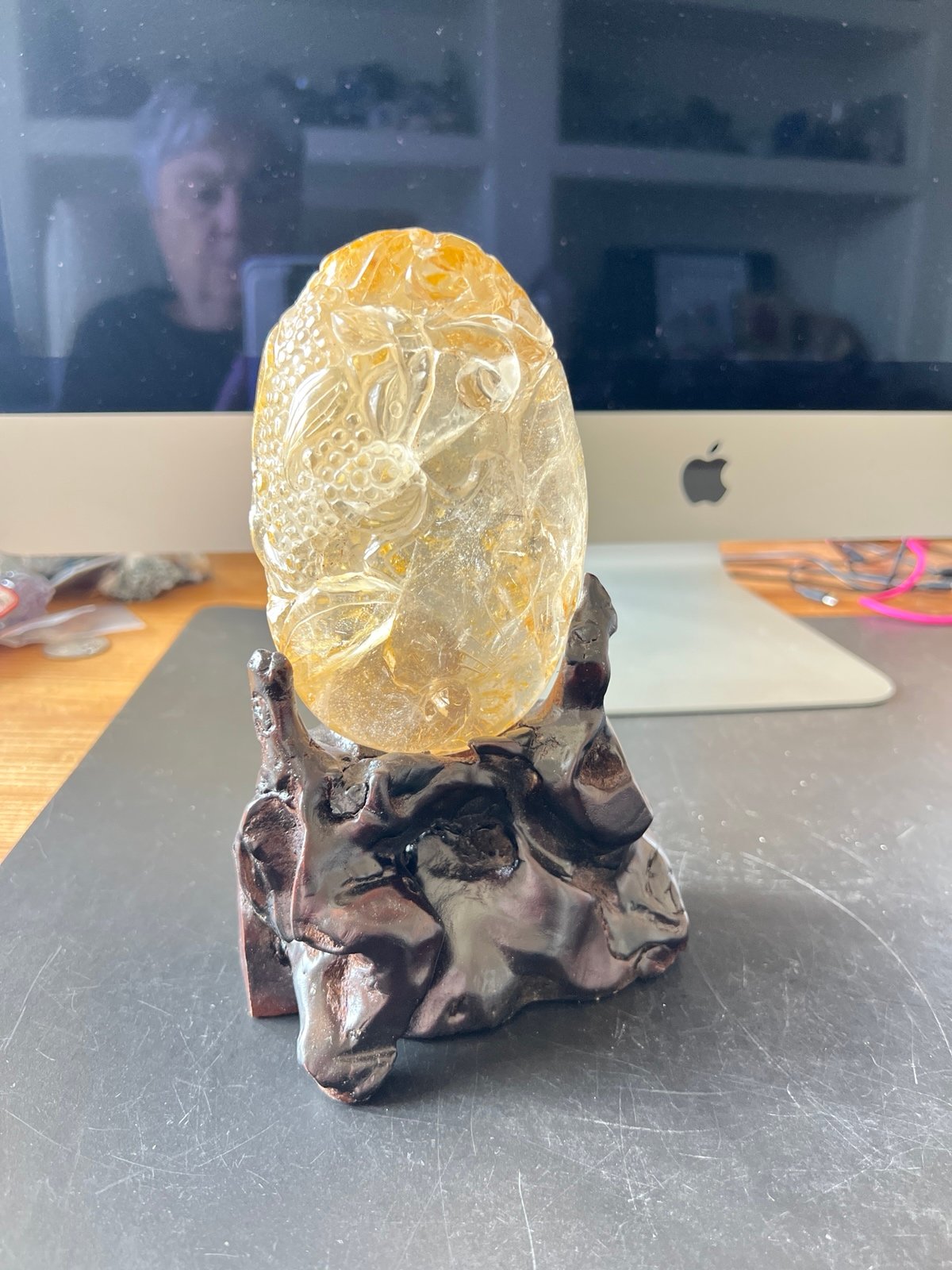 Hand carved golden healer crystal in custom stand -A583