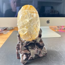 Hand carved golden healer crystal in custom stand -A583