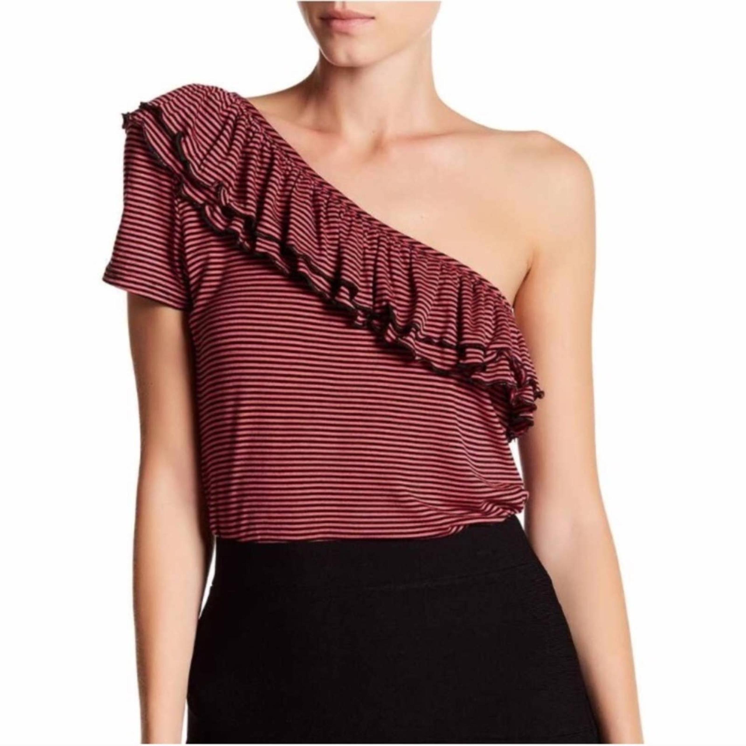 Romeo & Juliet Couture Pink Striped Ruffle Top Size Medium