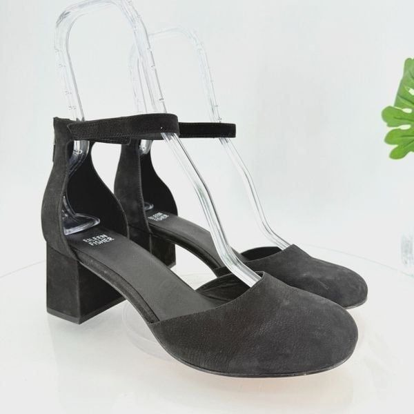 Eileen Fisher Indi Ankle Strap Pumps Suede Black Leather Size 9 Block Heel
