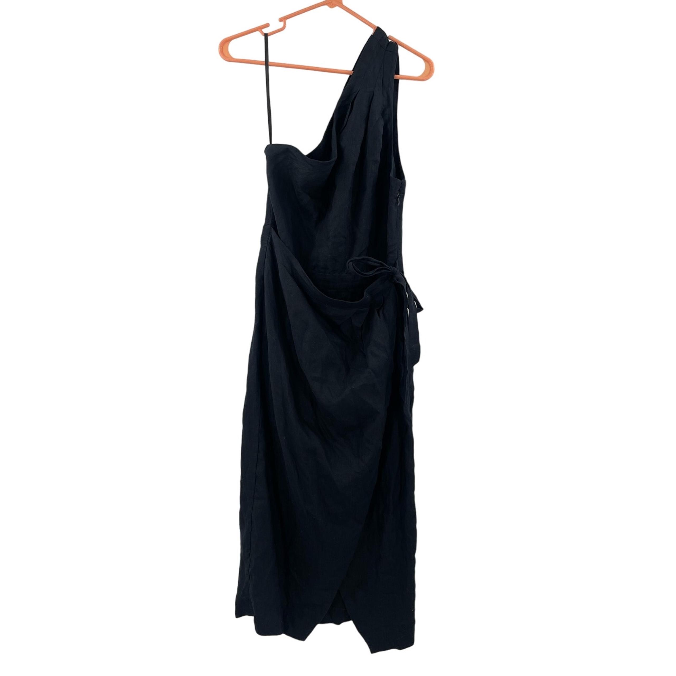 NEW ANTHROPOLOGIE Dress Size 10 NWOT One Shoulder 100% Linen Black Faux Wrap