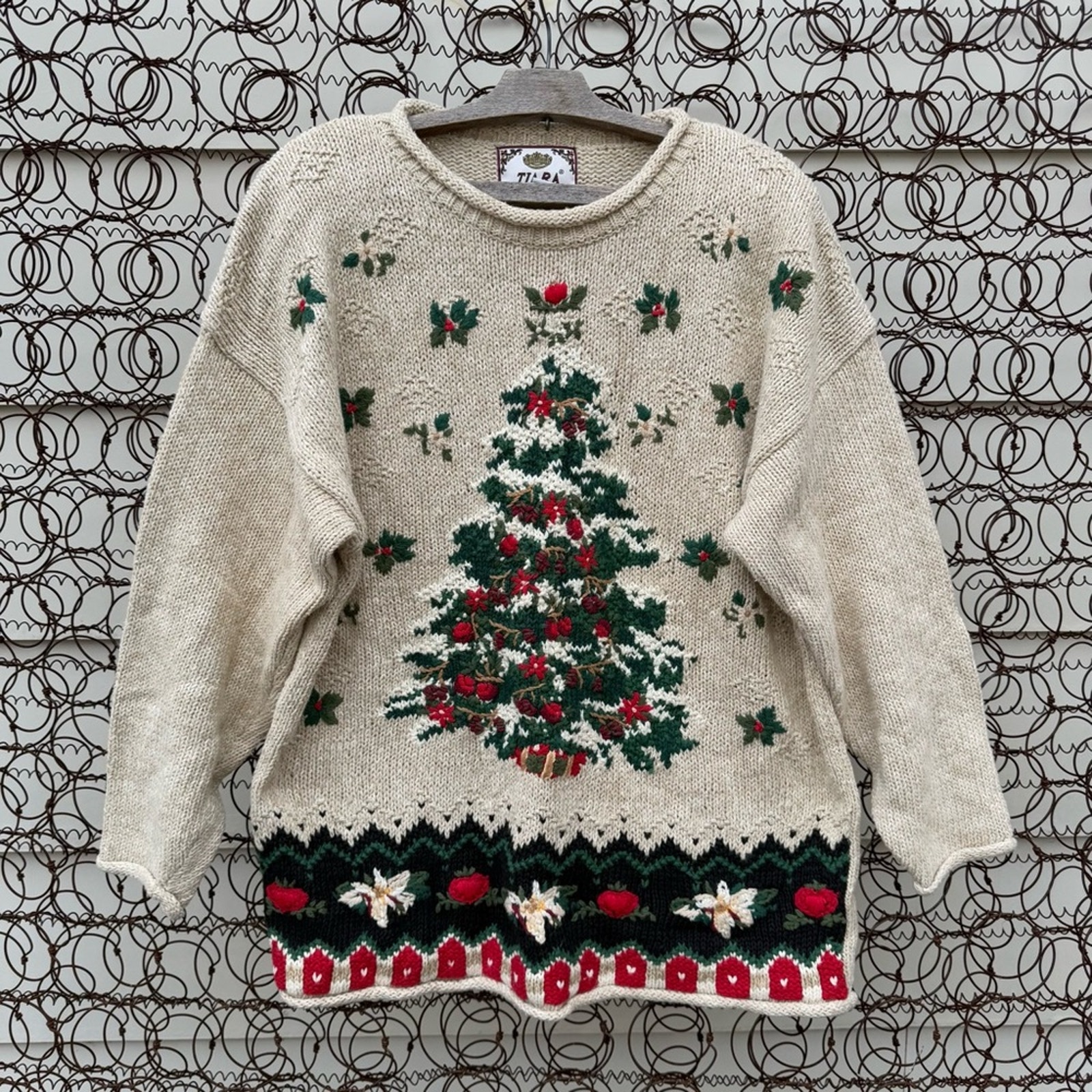 Vintage Tiara 1999 Knit Christmas tree ugly sweater rustic cottage cabin XL