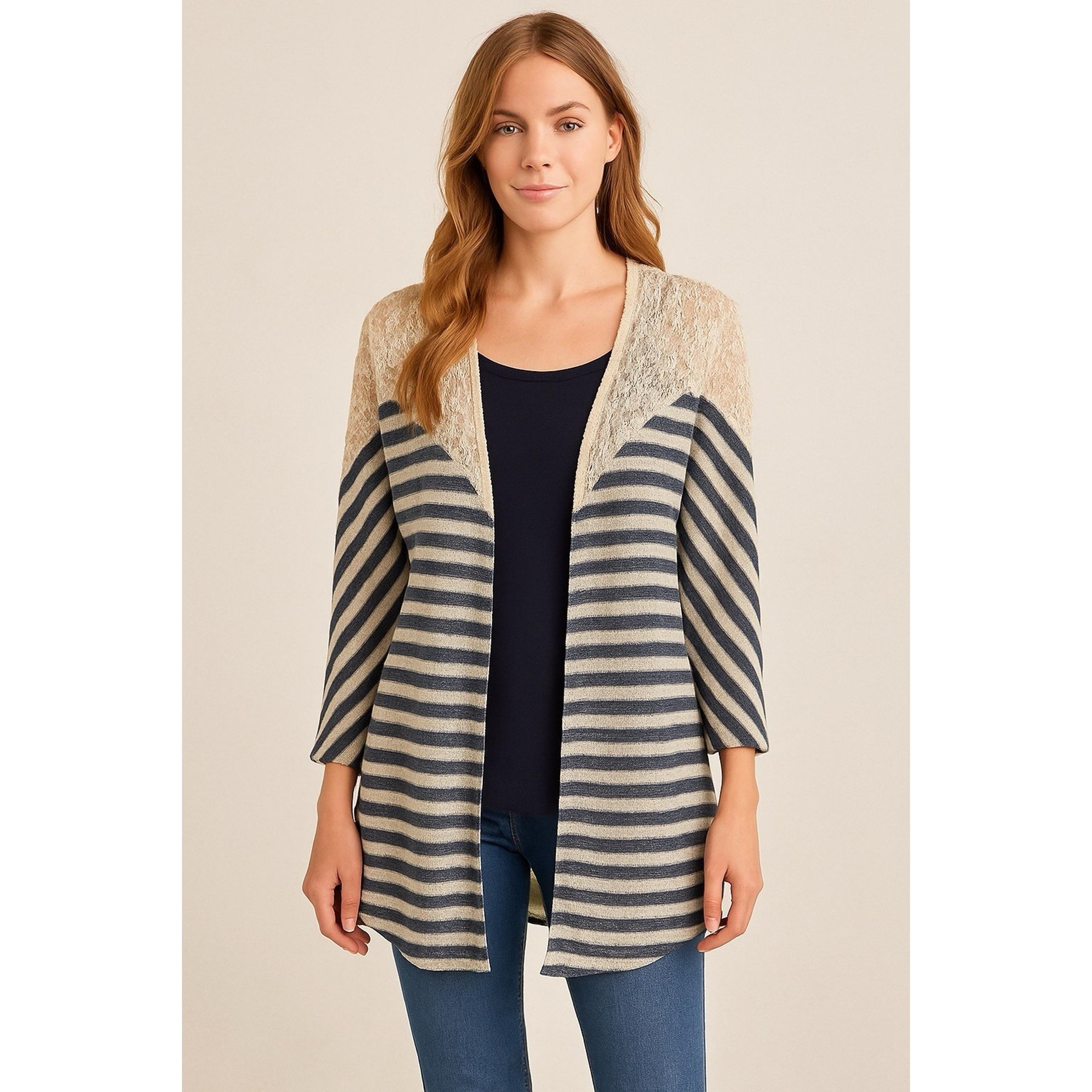 Umgee Womens Medium Lace Knit Stripe Layer Look Boho Chic Open Cardigan Sweater