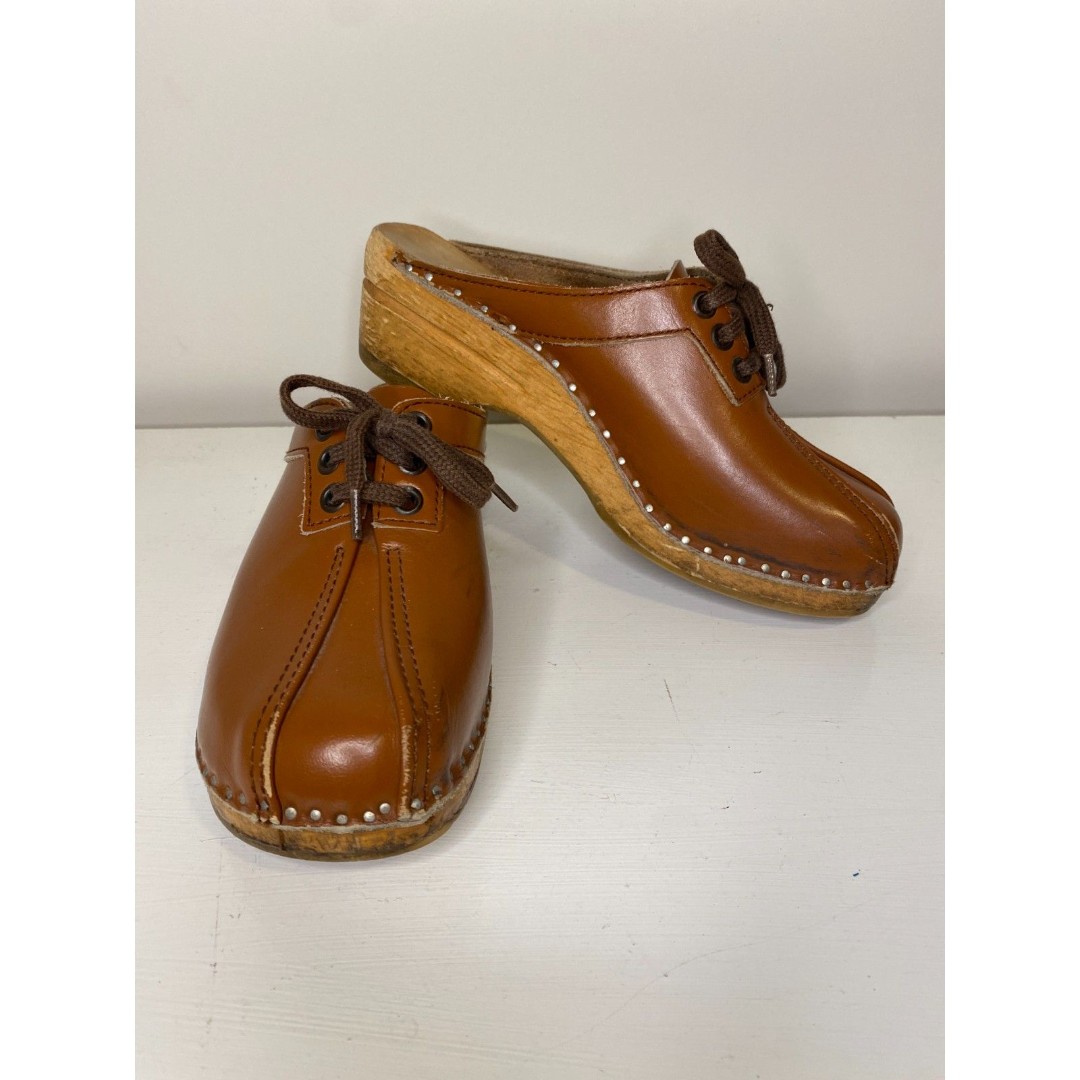 Vintage Bastad-Toffeln Swedish Wooden Clogs Mules Brown Leather Lace Up Size 37