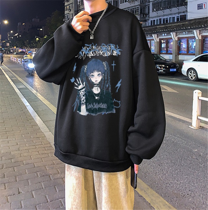 Punk Funny Cartoon Print Hoodie For Girl Autumn Fashion Black