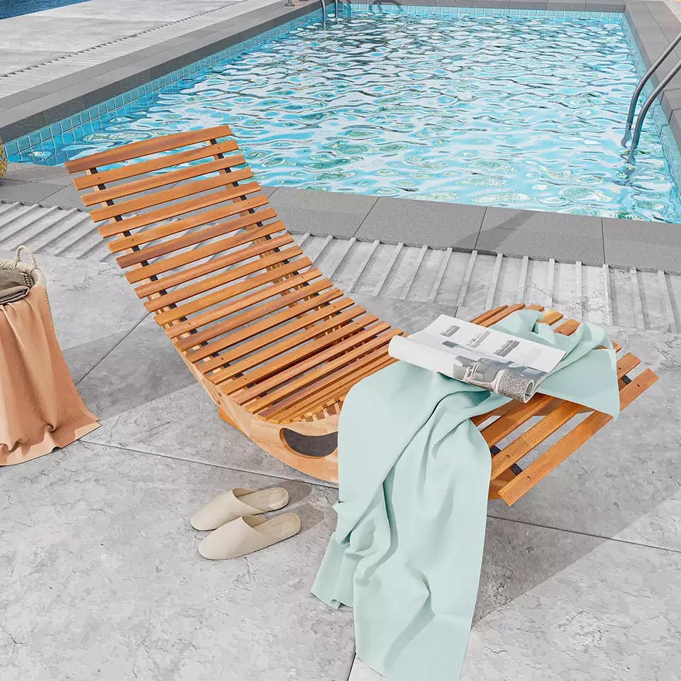 Outdoor Chaise Lounge with High Back Slatted Seat Stopper Outside Wood Rocker