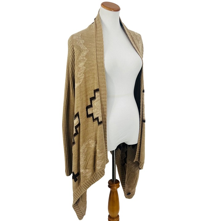 Boutique Open Front Geometric Ribbed Sleeves Relaxed Cozy Boho Cardigan S/M