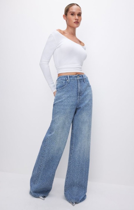 Good American Good Ease Crystal Embellished Wide Leg Jeans