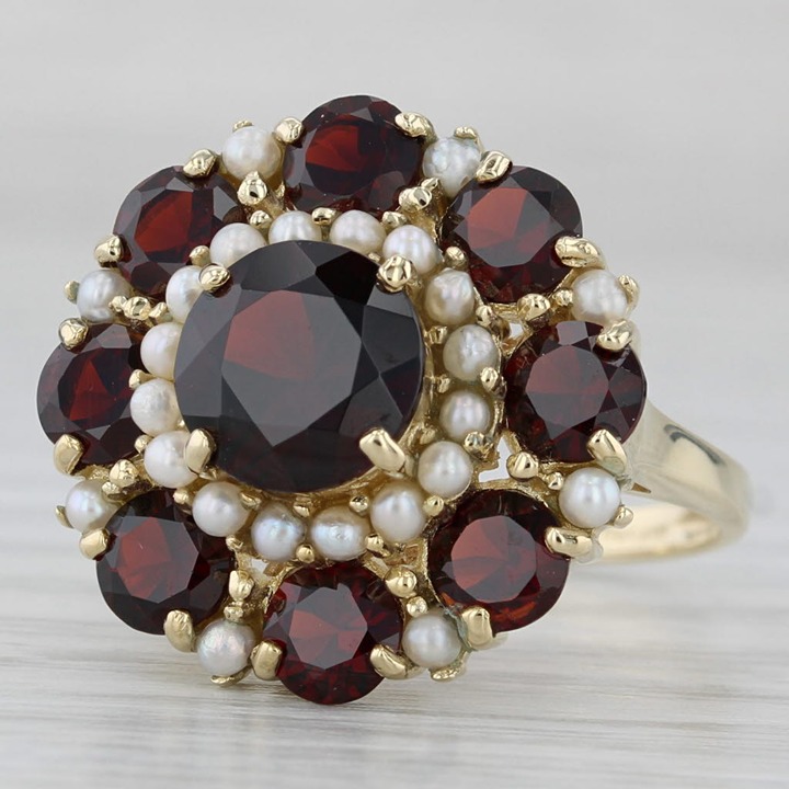 6ctw Garnet Seed Pearl Cocktail Ring 14k Yellow Gold Size 7.25