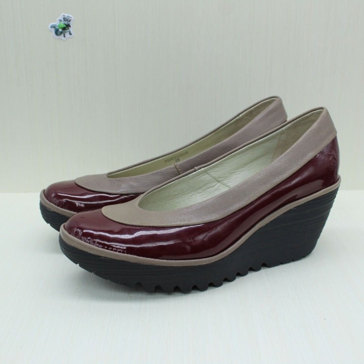 Fly London Yoko Women's Burgundy and Brown Leather Wedges Pump Size 39