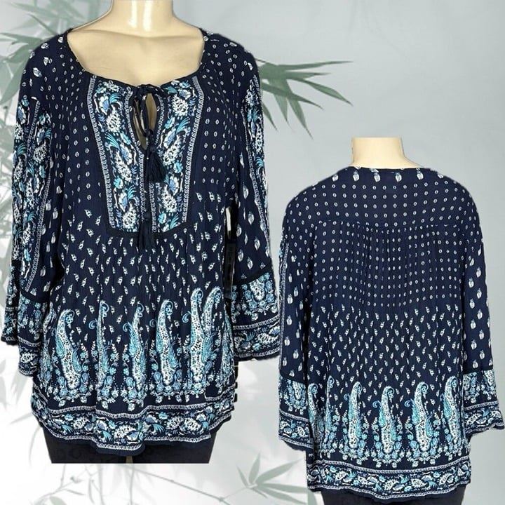 Bila L Navy Blue Dual Print Tie Tassle Keyhole Neckline 3/4 Bell Sleeve Blouse