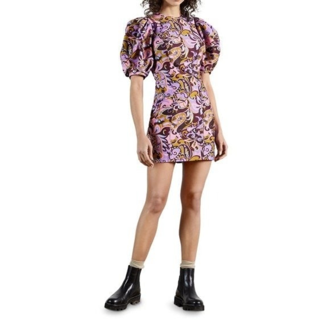 NWT Ted Baker Flickl Short outlet Puff Sleeve Printed Mini Dress Black/ Pink 2