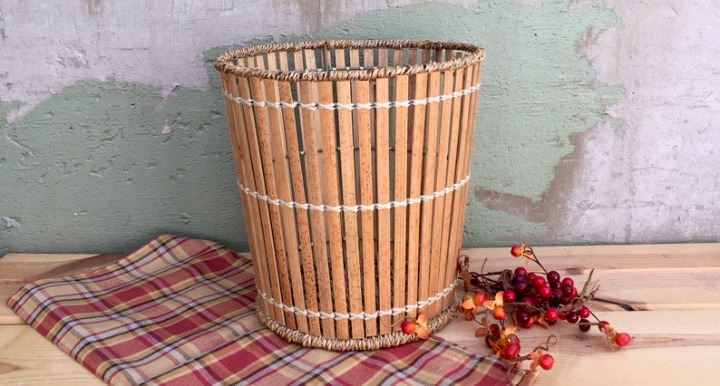 FREE US SHIPPING Natural Bamboo Strip Woven Wicker Waste Basket