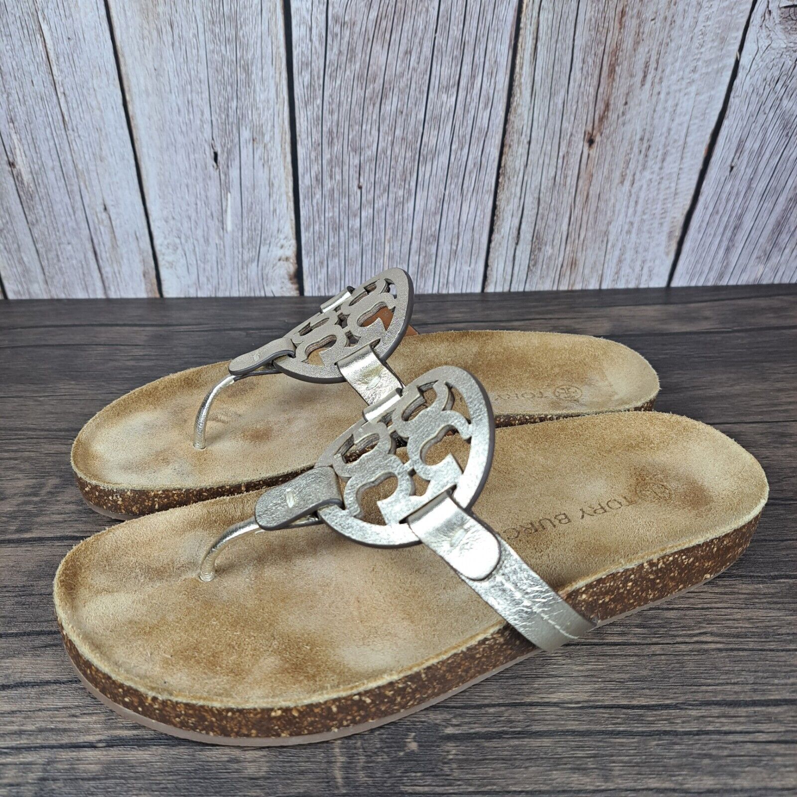 Tory Burch Miller Cloud Metallic Spark Gold Goat Leather Cork Sandals Women's 7