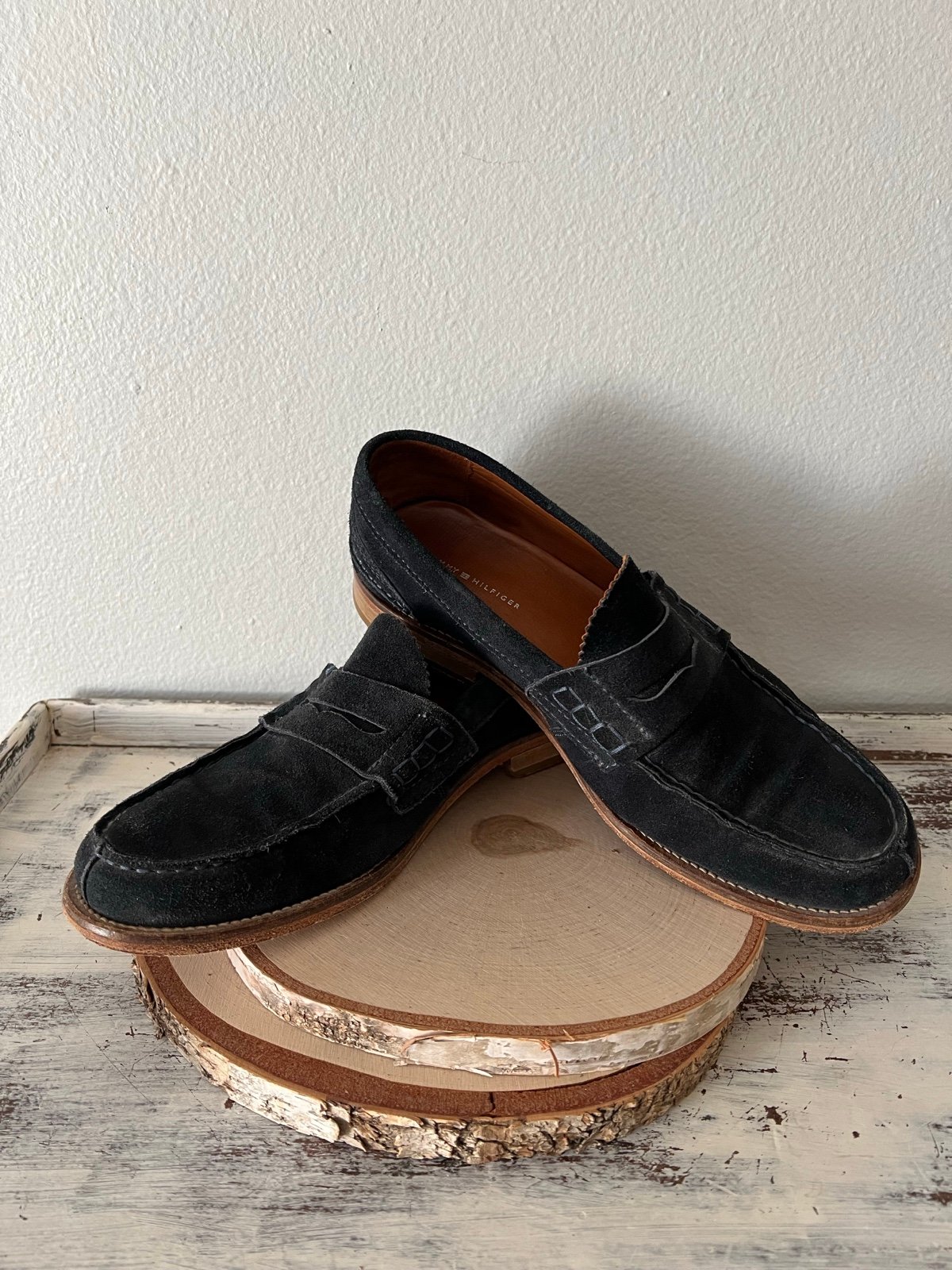 Tommy Hilfiger Navy Suede Penny Loafers Men's Shoes 9 Leather Sole Portugal VTG