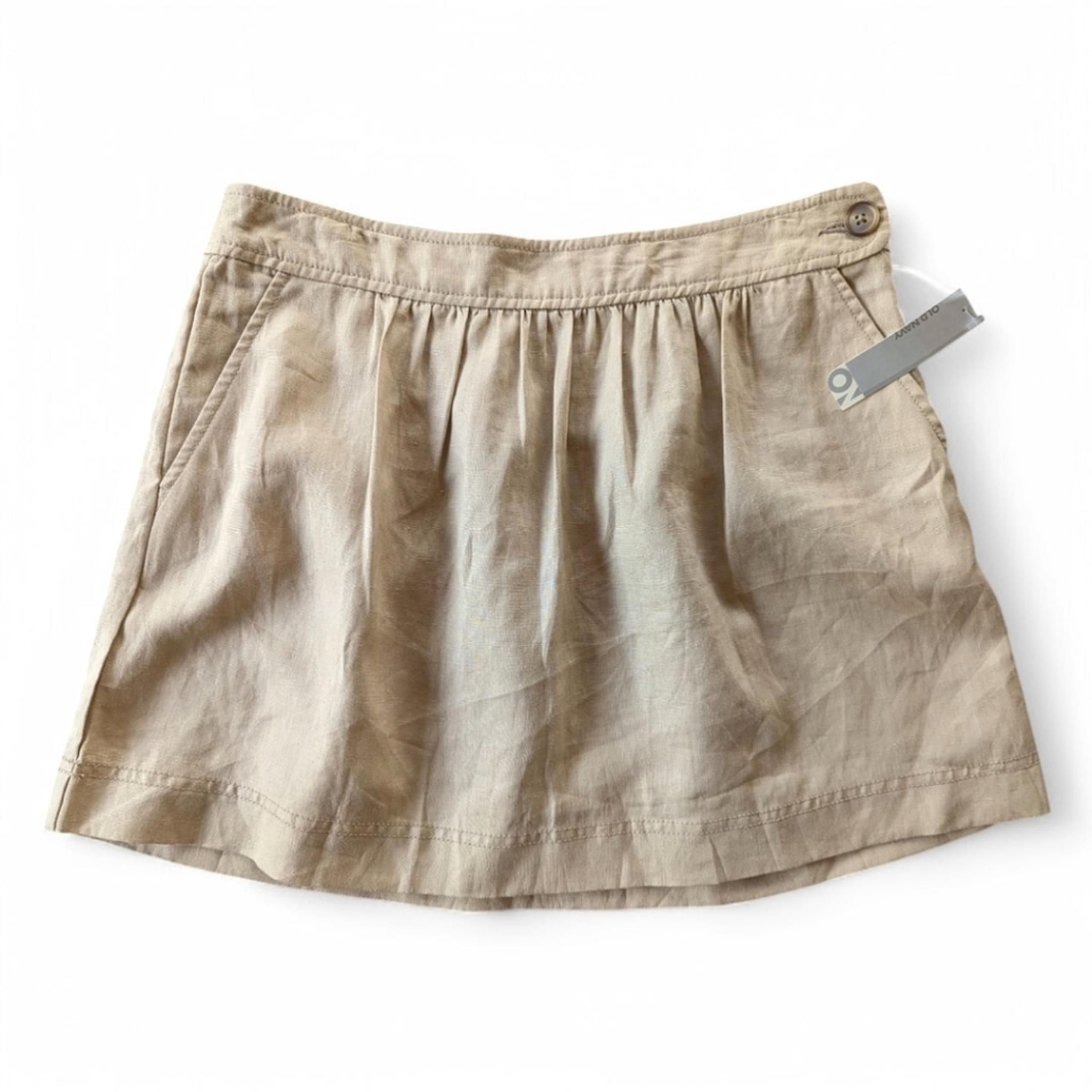 Old Navy 100% Linen NWT Vintage Y2K Khaki Tan Gathered Summer Skirt Womens Sz 6