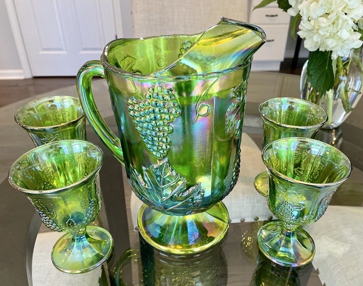 Indiana Glass Iridescent Lime Green Carnival HARVEST GRAPE Pitcher & Goblet Set