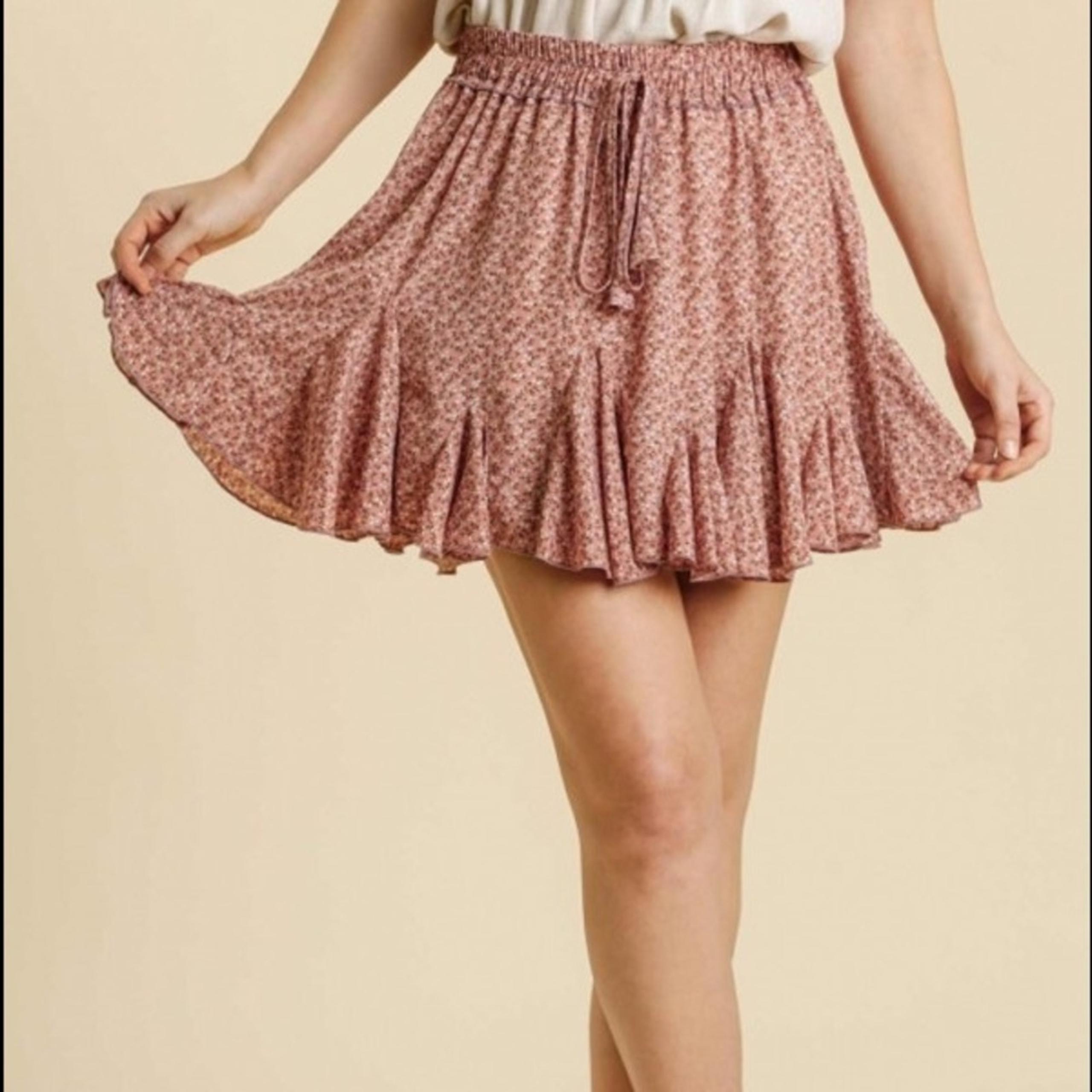 Umgee Mini Skirt Womens Skater Ruffle Pink Floral Tennis Pleated Romantic Pretty