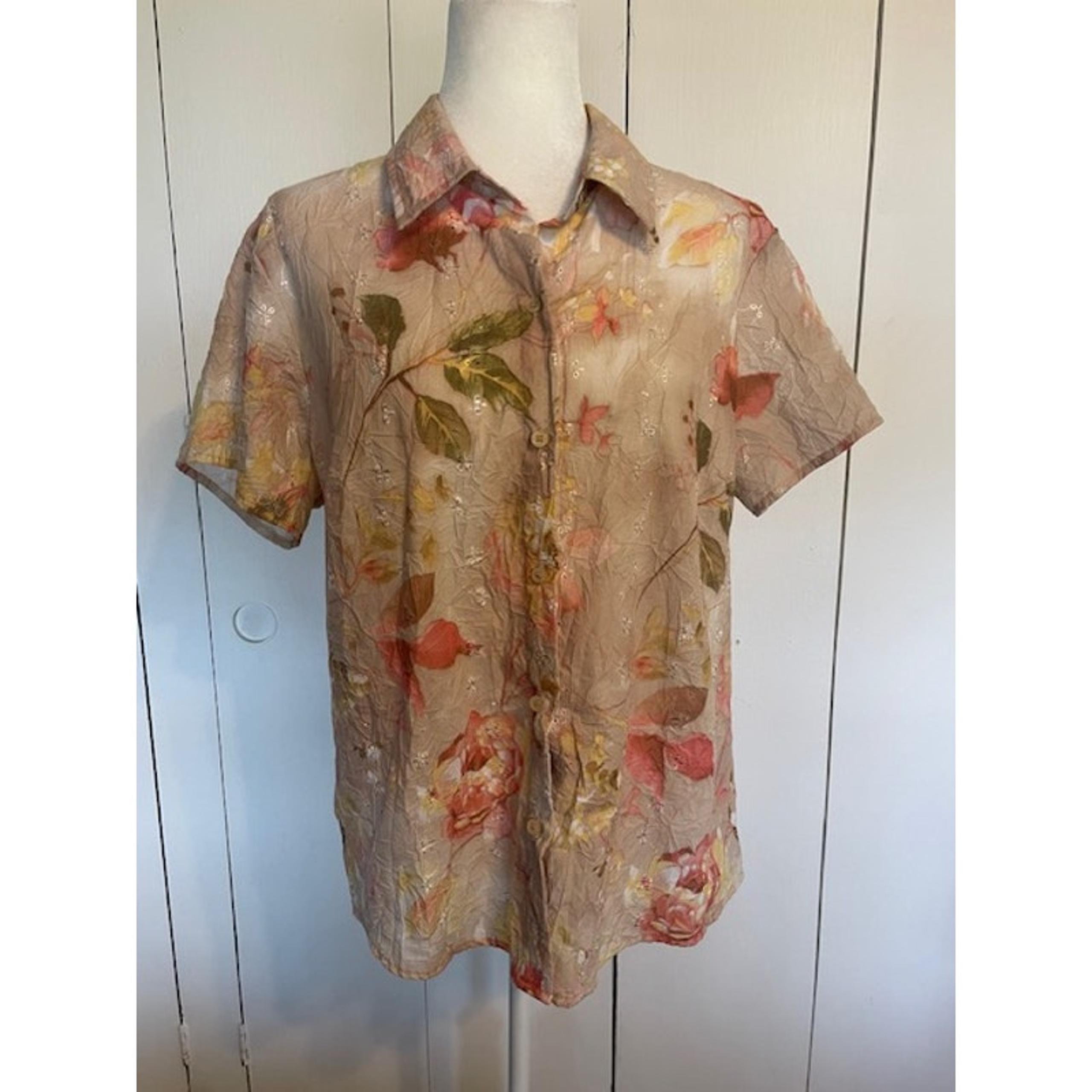 Coral Bay Size XL Short Sleeve Button-Up Shirt Tan with Pink Floral