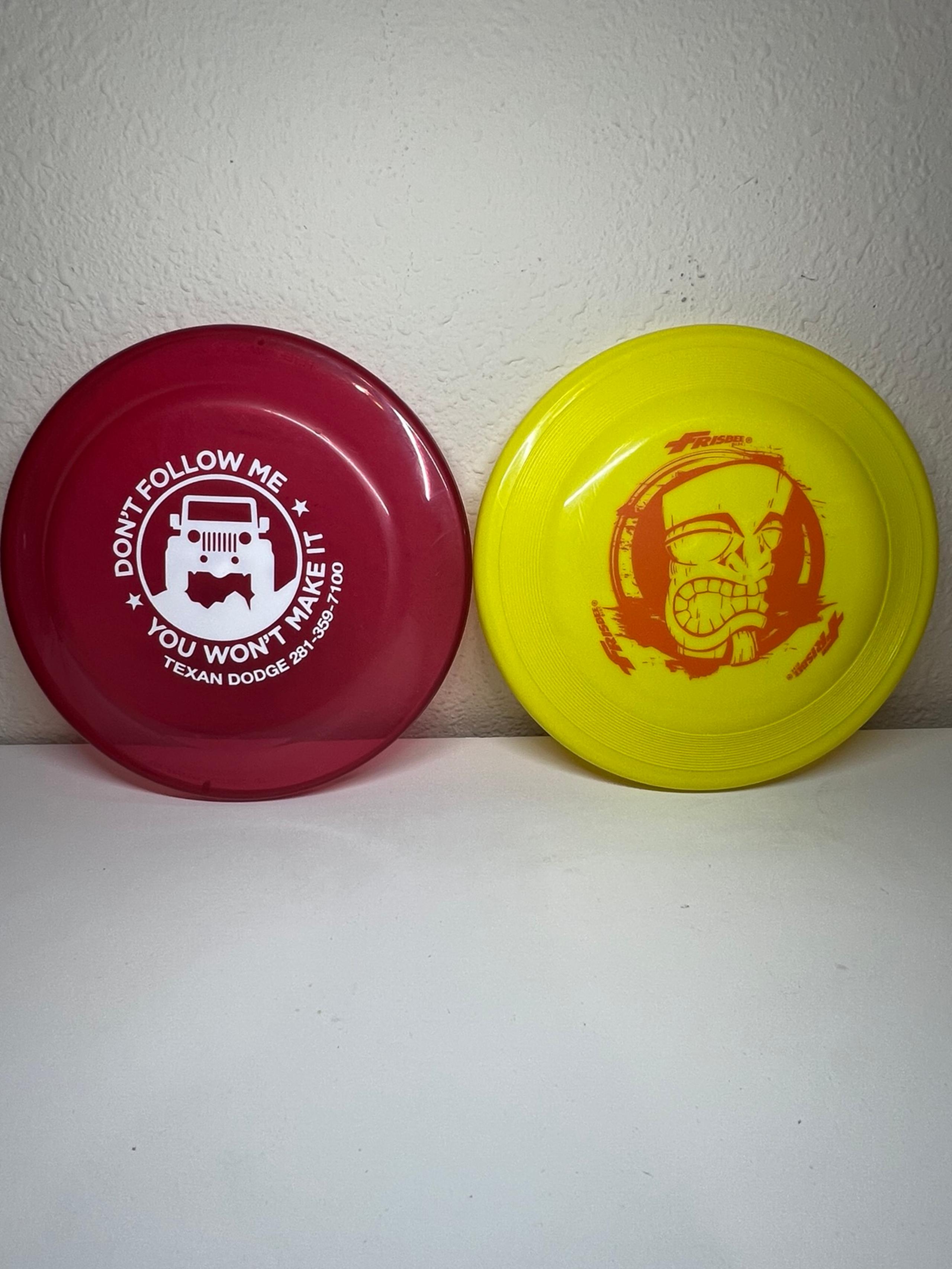 Lot Of 2 FRISBEE Wham-O Yellow Red Tiki Head & Red Flyer Jeep Made In USA Disc
