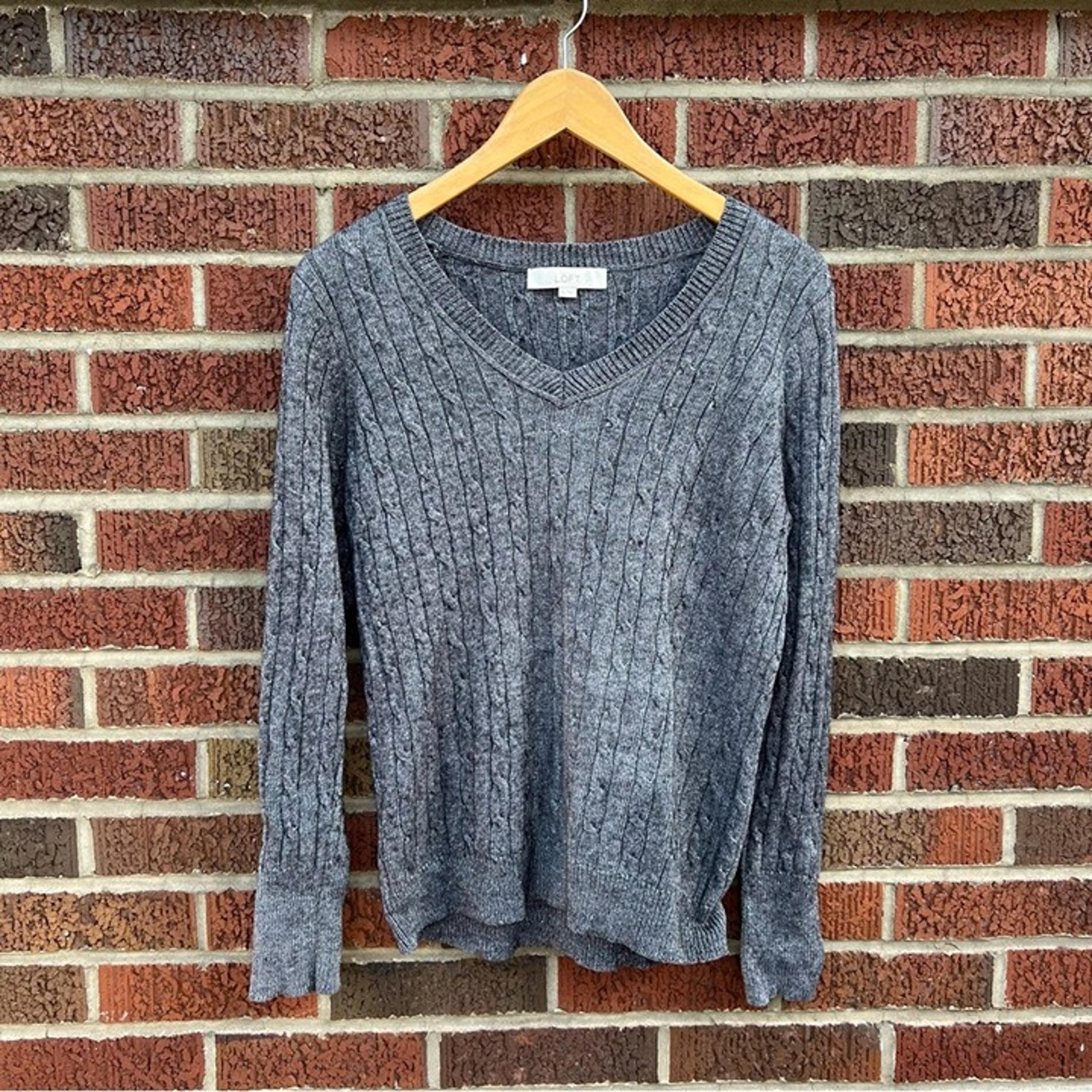 LOFT Marled Gray Cable Knit V Neck Pullover Sweater