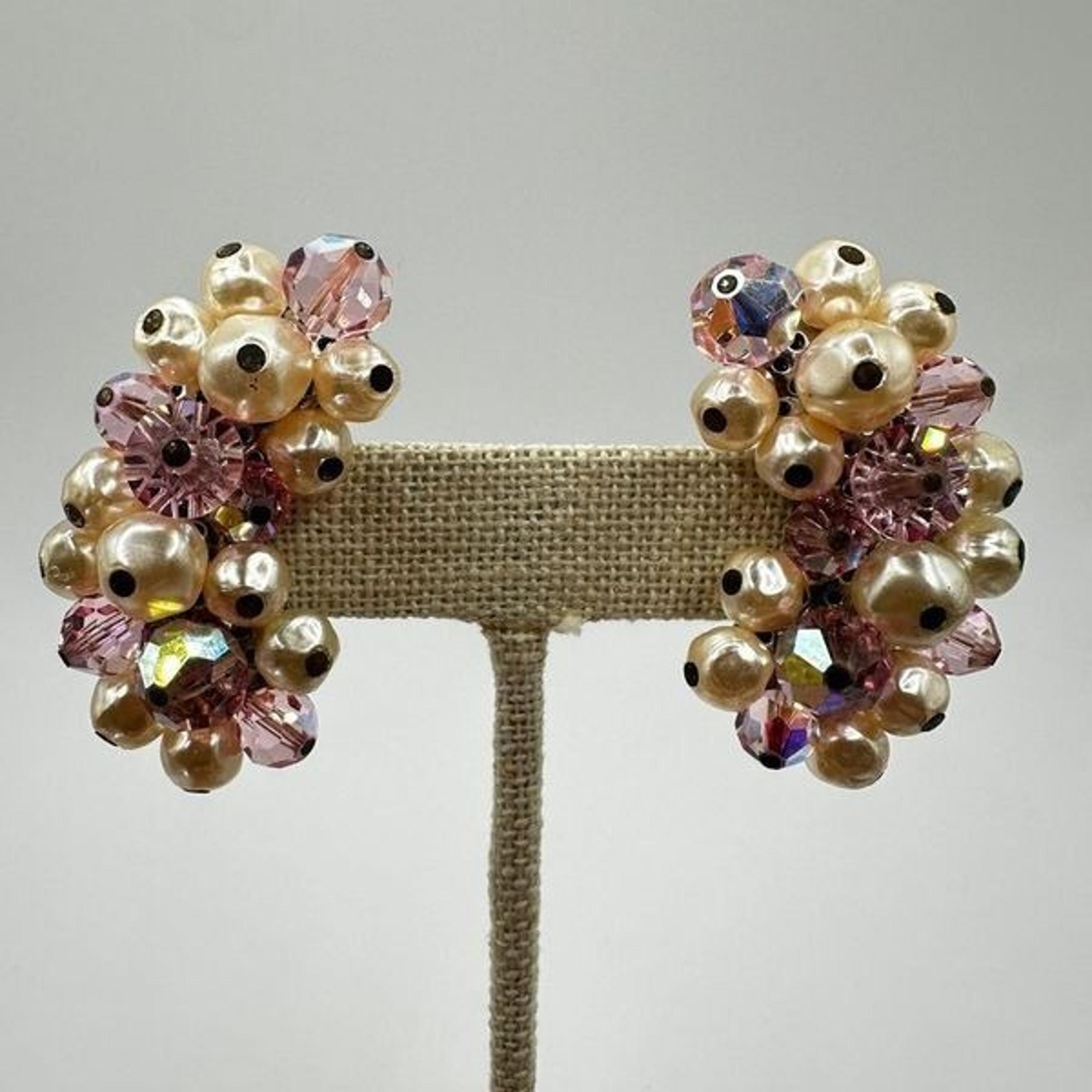 Vintage Laguna Pink Aurora Borealis crystal and Faux Pearl clip on earrings!