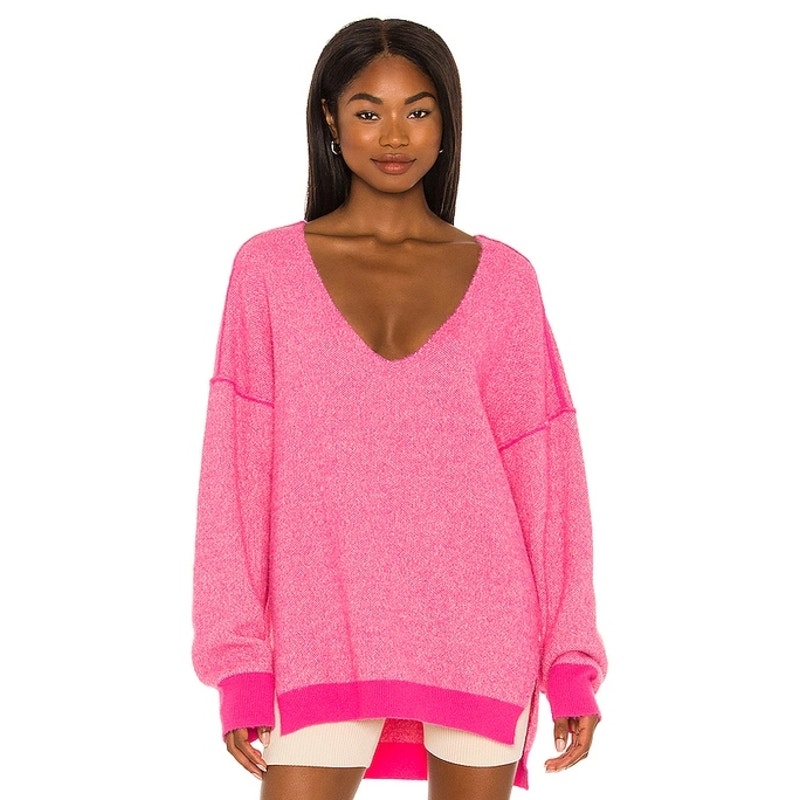 Free People Women's Weather V-Neck Pullover Sweater Long Sleeve Pink Size Medium