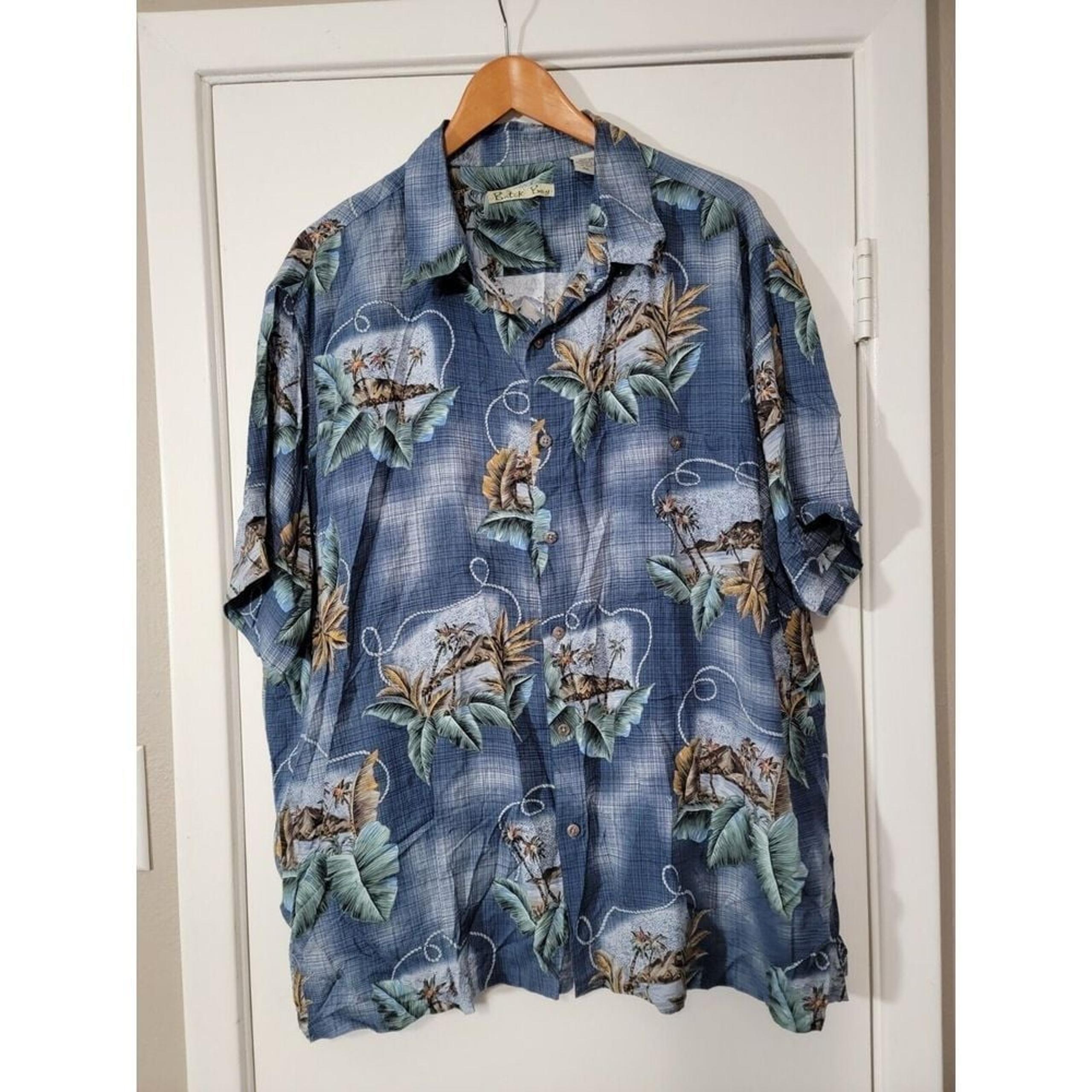 Batik Bay Mens Hawaiian Shirt Blue XXL Palm Trees Button Front 100% Rayon