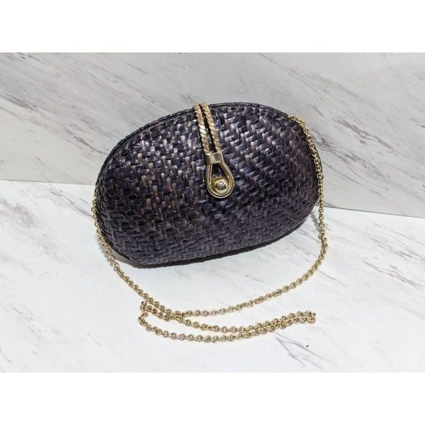 Pandan Vintage Women's Blue Tan Basket Weave Clam Shell Clutch/Shoulder Bag