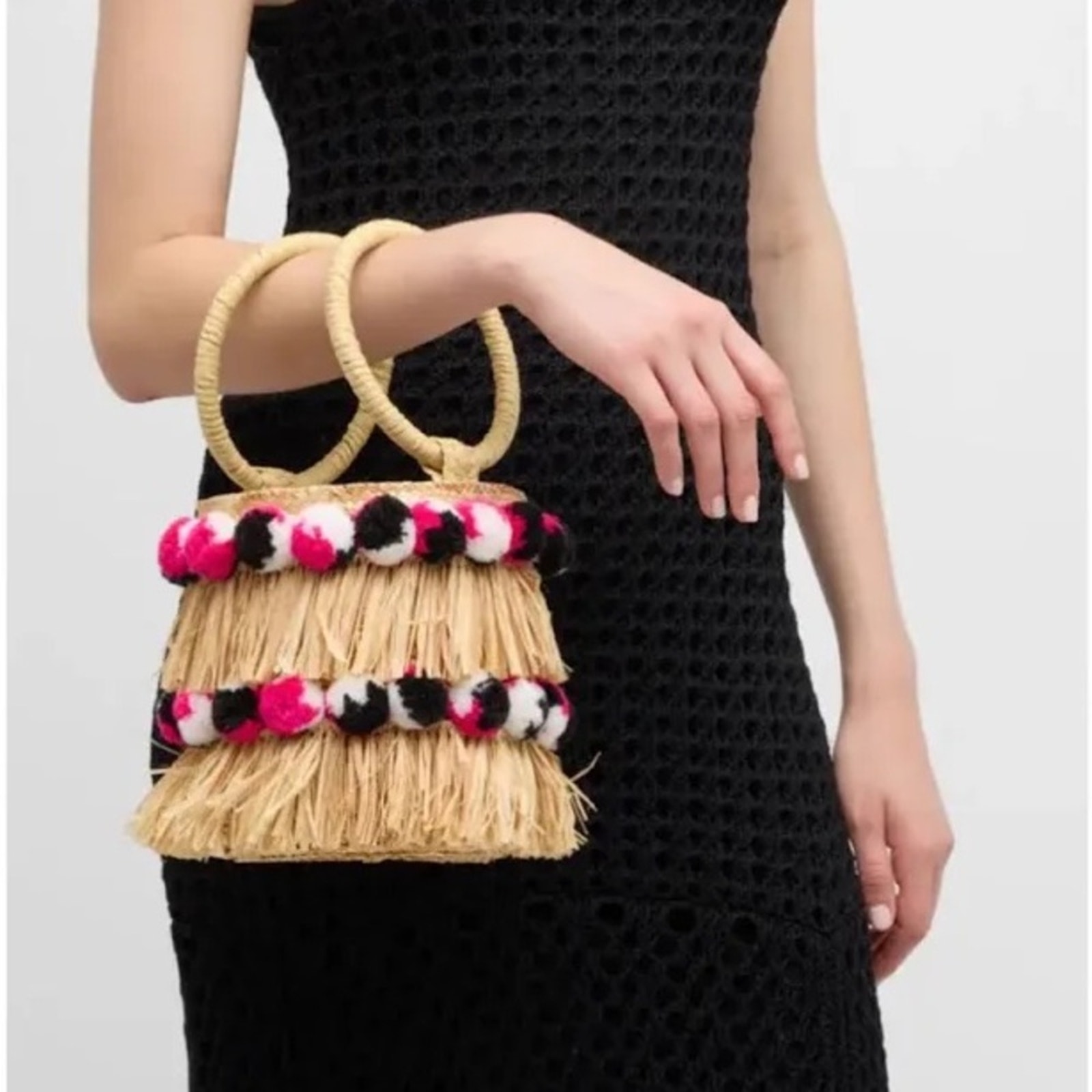 BTB Raffia Straw Round Pom Pom Liv Bucket Bag New