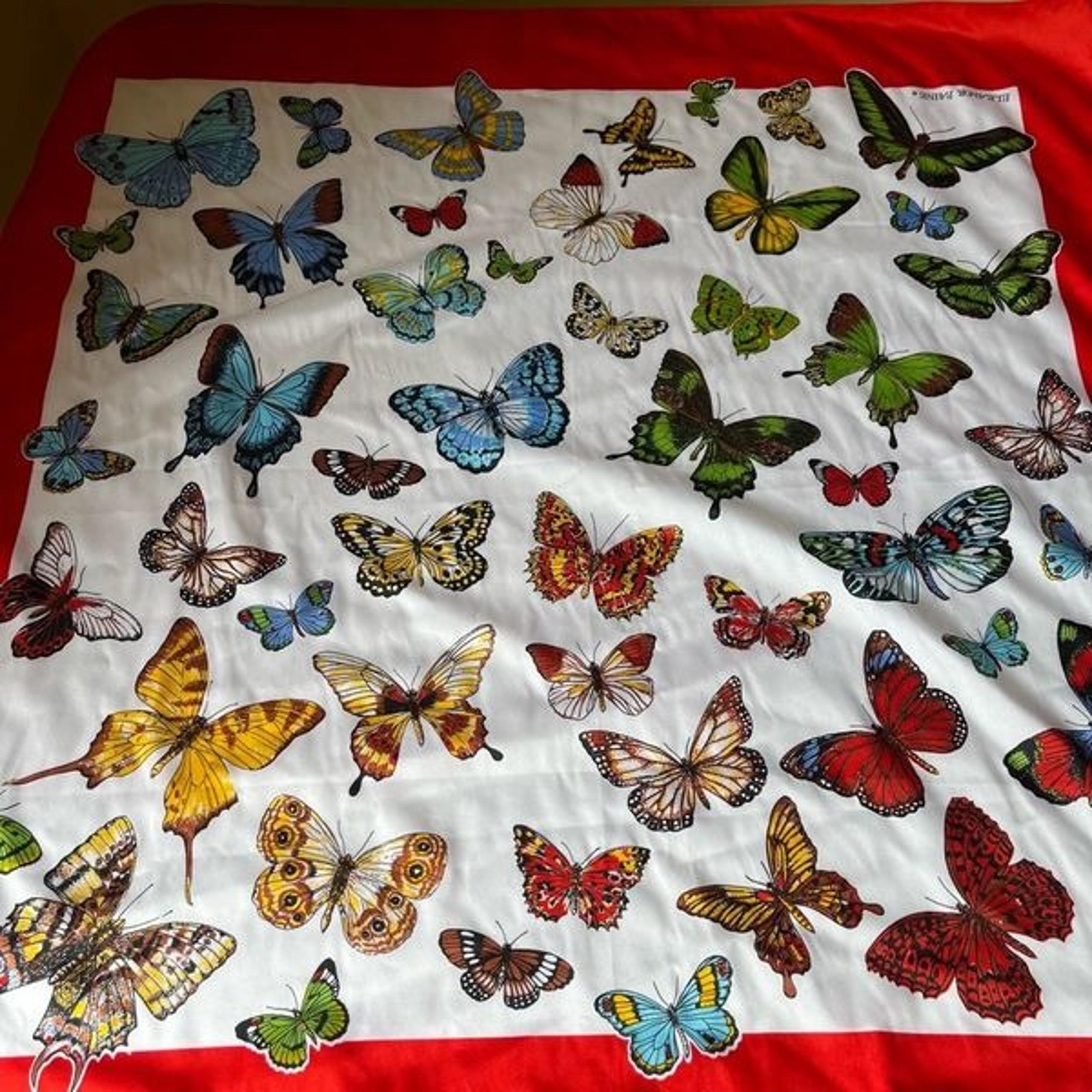 Vintage Eleanor Paine Butterfly Print Square Scarf Red White 31”x31”